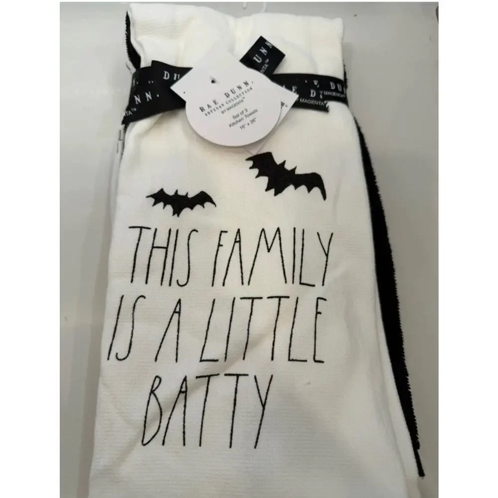 RAE DUNN Set of 2 Halloween Bats Kitchen Towels - THIS FAMILY IS A LITTLE BATTY
